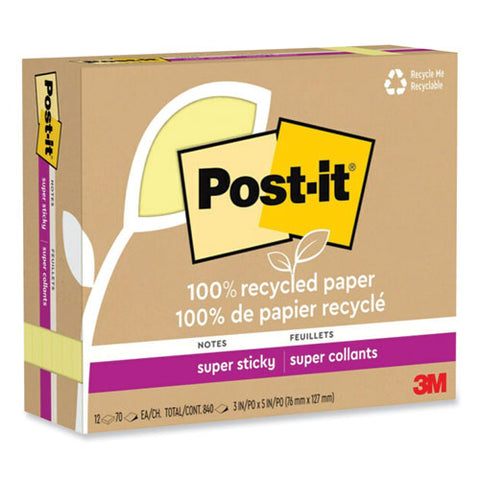 100% Recycled Paper Super Sticky Notes, Ruled, 4" X 4", Wanderlust Pastels, 70 Sheets/pad, 3 Pads/pack