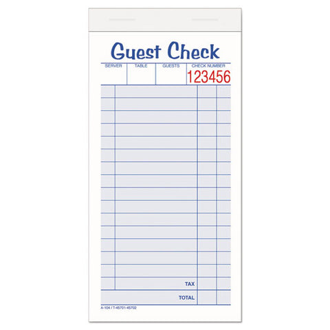 Guest Check Unit Set, Carbonless Duplicate, 6 7-8 X 3 3-8, 50 Forms, 10-pack