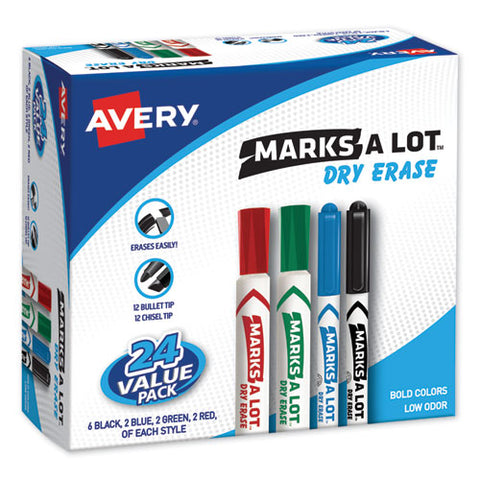 Marks A Lot Desk-pen Style Dry Erase Marker Combo Pack, 12 Broad Bullet Tip, 12 Broad Chisel Tip, Assorted Colors, 24-pack