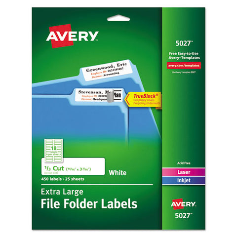 Extra-large Trueblock File Folder Labels With Sure Feed Technology, 0.94 X 3.44, White, 18-sheet, 25 Sheets-pack