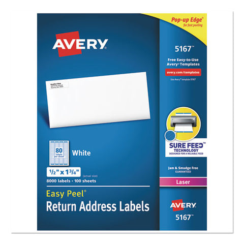 Easy Peel White Address Labels W- Sure Feed Technology, Laser Printers, 0.5 X 1.75, White, 80-sheet, 100 Sheets-box