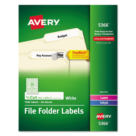 Permanent Trueblock File Folder Labels With Sure Feed Technology, 0.66 X 3.44, White, 30-sheet, 50 Sheets-box