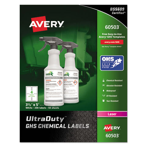 Ultraduty Ghs Chemical Waterproof And Uv Resistant Labels, 3.5 X 5, White, 4-sheet, 50 Sheets-box