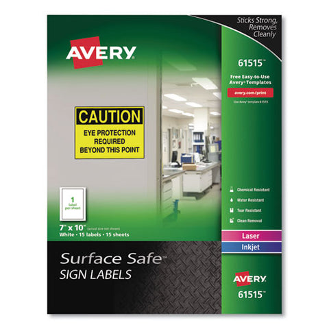 Surface Safe Removable Label Safety Signs, Inkjet-laser Printers, 7 X 10, White, 15-pack