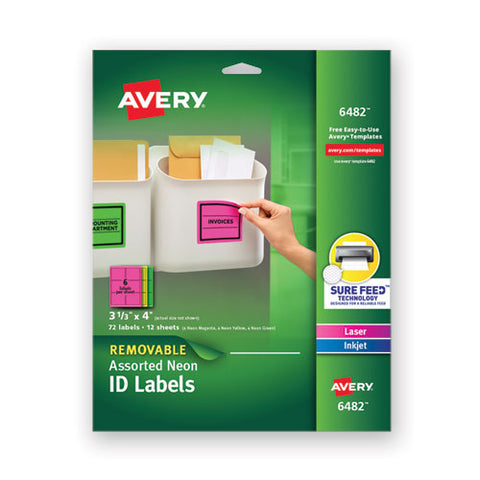 High-vis Removable Laser-inkjet Id Labels W- Sure Feed, 3 1-3 X 4, Neon, 72-pk