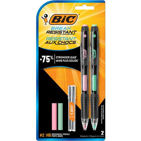 Break-resistant Mechanical Pencils With Erasers, 0.7 Mm, Hb (#2), Black Lead, Green And Pink Barrel Colors, 2/pack