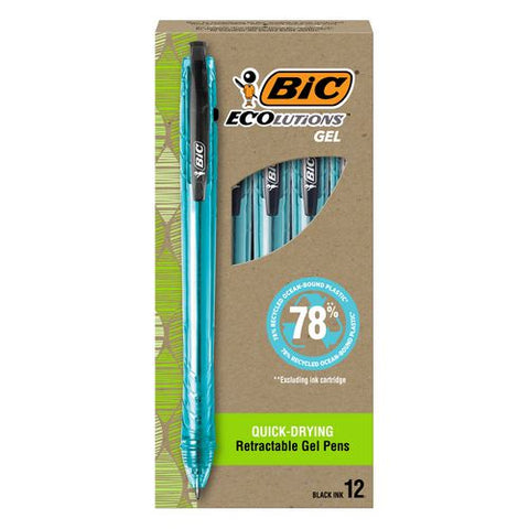 Ecolutions Gel Pen, Retractable, Medium 1 Mm, Black Ink, Blue Barrel, Dozen