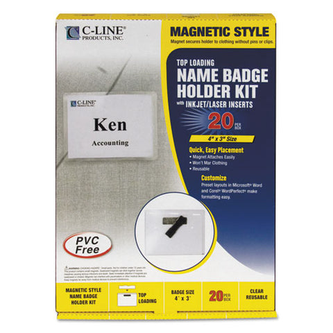 Magnetic Name Badge Holder Kit, Horizontal, 4w X 3h, Clear, 20-box