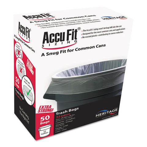 Linear Low Density Can Liners With Accufit Sizing, 32 Gal, 0.9 Mil, 33" X 44", Clear, 50-box