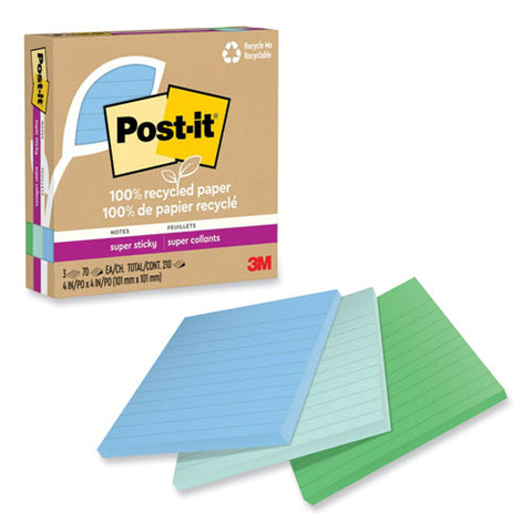 100% Recycled Paper Super Sticky Notes, Ruled, 4" X 4", Oasis, 70 Sheets/pad, 3 Pads/pack