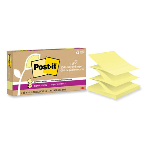 100% Recycled Paper Super Sticky Notes, 3" X 3", Canary Yellow, 70 Sheets/pad, 6 Pads/pack