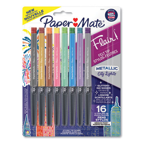 Flair Metallic Porous Point Pen, Stick, Medium 0.7 Mm, Assorted Ink And Barrel Colors, 16/pack