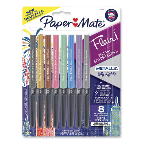 Flair Metallic Porous Point Pen, Stick, Medium 0.7 Mm, Assorted Ink And Barrel Colors, 8/pack