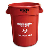 Round Brute Container With "infectious Waste: Biohazard" Imprint, Plastic, 32 Gal, Red