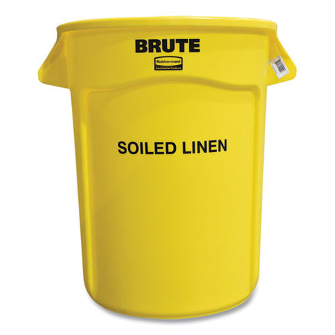 Round Brute Container With "soiled Linen" Imprint, Plastic, 32 Gal, Yellow