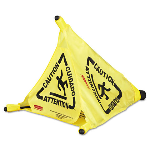 Multilingual "caution" Pop-up Safety Cone, 3-sided, Fabric, 21 X 21 X 20, Yellow