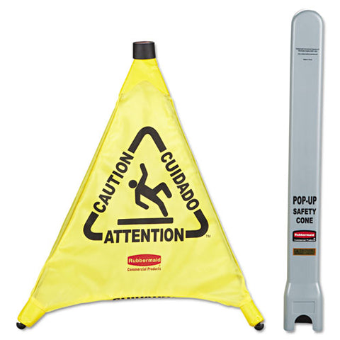 Multilingual "caution" Pop-up Safety Cone, 3-sided, Fabric, 21 X 21 X 20, Yellow