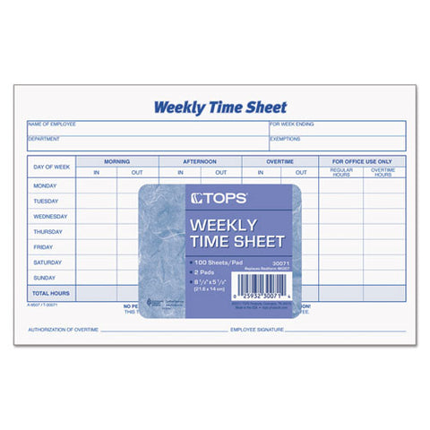 Weekly Time Sheets, 5 1-2 X 8 1-2, 50-pad, 2-pack