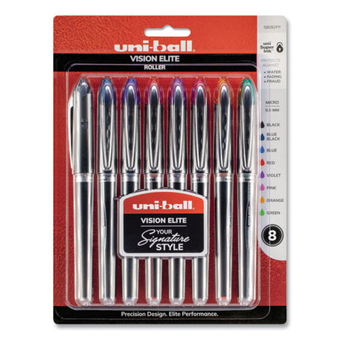 Vision Elite Stick Roller Ball Pen, Micro 0.5 Mm, Assorted Ink, Black Barrel