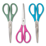 U Eco Scissors. Concave Tip, 9.45" Long, 3" Cut Length, Assorted Straight Handle, 3/pack