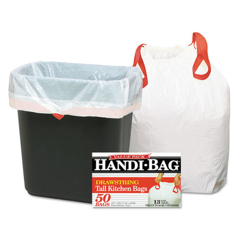 Drawstring Kitchen Bags, 13 Gal, 0.6 Mil, 24" X 27.4", White, 50-box, 6 Boxes-carton